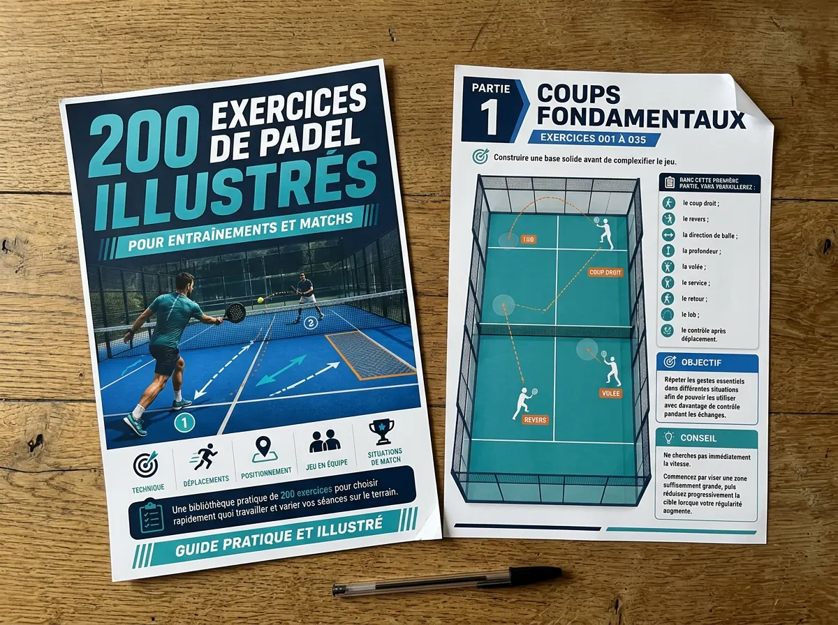 Guide de 200 exercices de padel imprimé sur une table